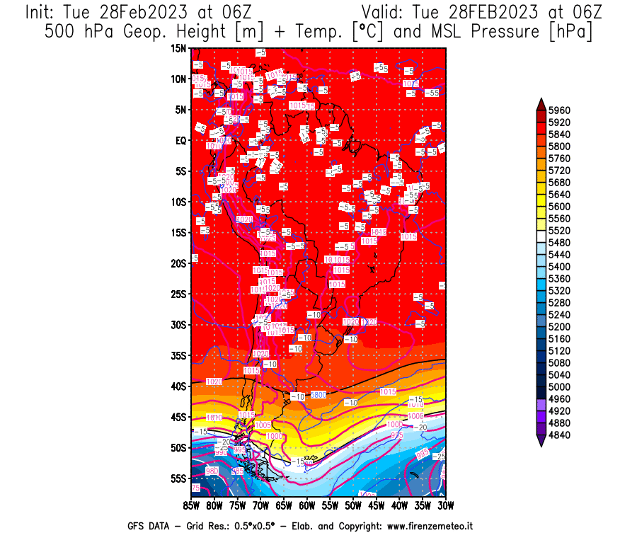 Mappa di analisi GFS - Geopotenziale [m] + Temp. [°C] a 500 hPa + Press. a livello del mare [hPa] in Sud-America
							del 28/02/2023 06 <!--googleoff: index-->UTC<!--googleon: index-->