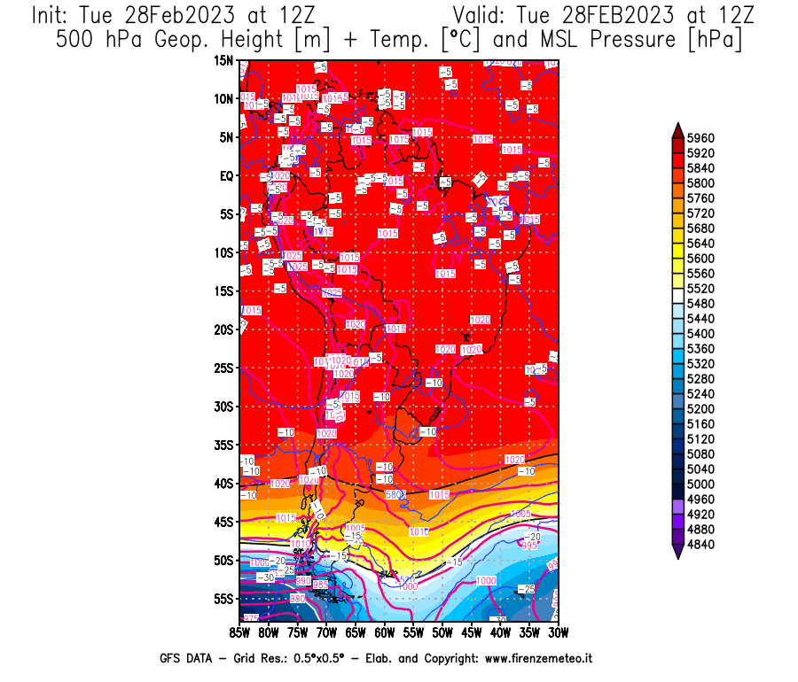 Mappa di analisi GFS - Geopotenziale [m] + Temp. [°C] a 500 hPa + Press. a livello del mare [hPa] in Sud-America
							del 28/02/2023 12 <!--googleoff: index-->UTC<!--googleon: index-->