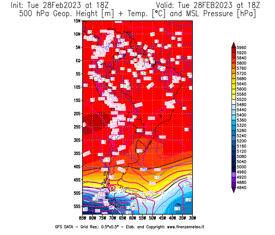 Mappa di analisi GFS - Geopotenziale [m] + Temp. [°C] a 500 hPa + Press. a livello del mare [hPa] in Sud-America
							del 28/02/2023 18 <!--googleoff: index-->UTC<!--googleon: index-->
