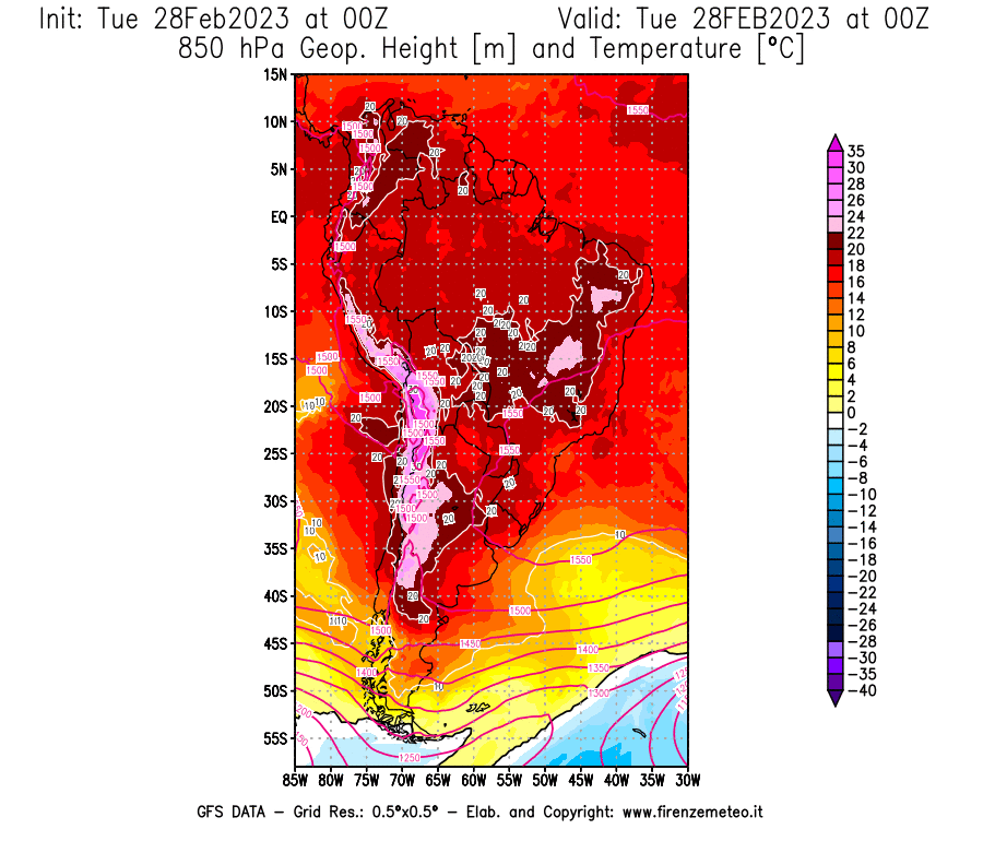Mappa di analisi GFS - Geopotenziale [m] e Temperatura [°C] a 850 hPa in Sud-America
							del 28/02/2023 00 <!--googleoff: index-->UTC<!--googleon: index-->