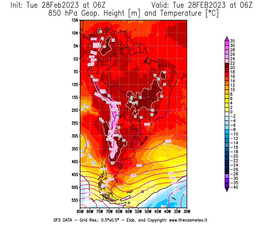 Mappa di analisi GFS - Geopotenziale [m] e Temperatura [°C] a 850 hPa in Sud-America
							del 28/02/2023 06 <!--googleoff: index-->UTC<!--googleon: index-->