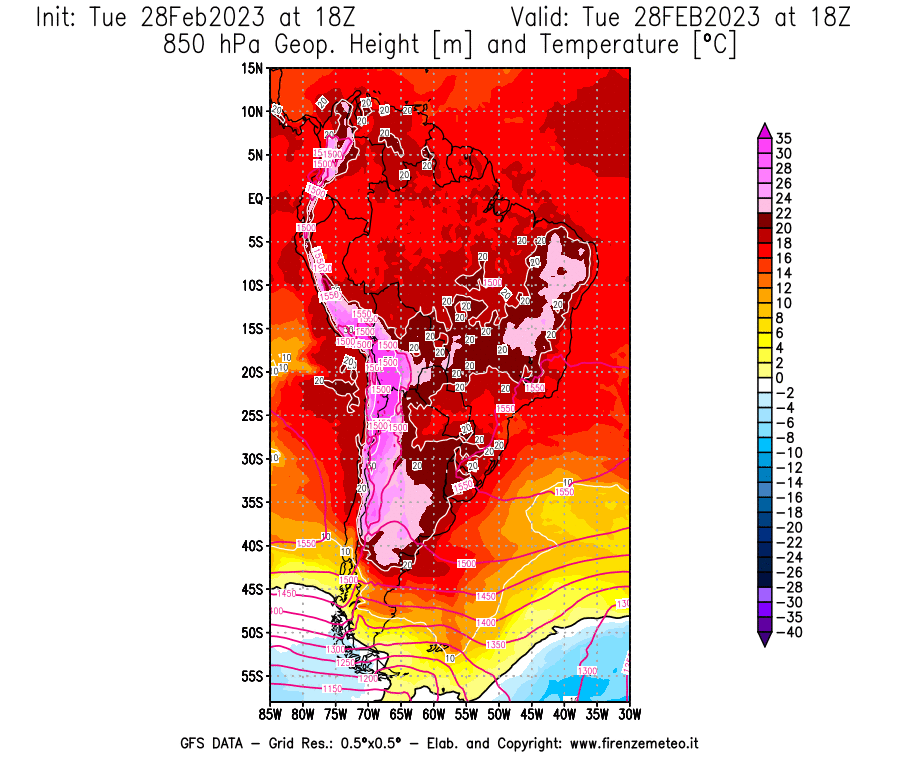 Mappa di analisi GFS - Geopotenziale [m] e Temperatura [°C] a 850 hPa in Sud-America
							del 28/02/2023 18 <!--googleoff: index-->UTC<!--googleon: index-->