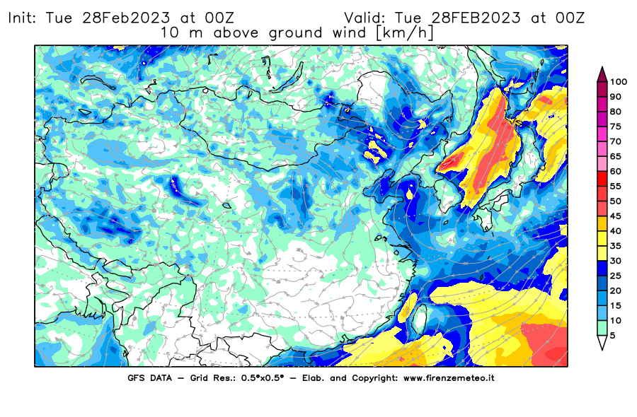 Mappa di analisi GFS - Velocità del vento a 10 metri dal suolo [km/h] in Asia Orientale
							del 28/02/2023 00 <!--googleoff: index-->UTC<!--googleon: index-->