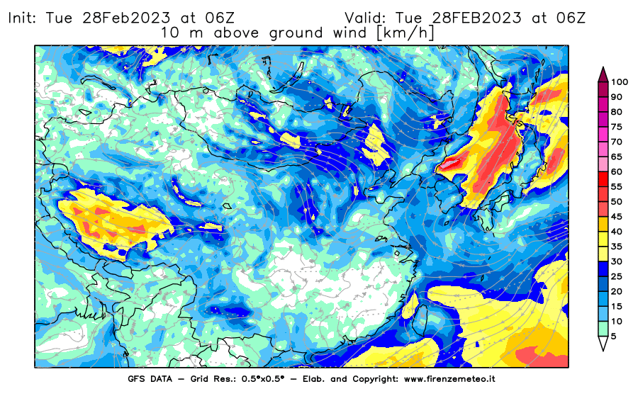 Mappa di analisi GFS - Velocità del vento a 10 metri dal suolo [km/h] in Asia Orientale
							del 28/02/2023 06 <!--googleoff: index-->UTC<!--googleon: index-->