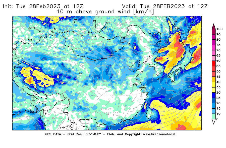 Mappa di analisi GFS - Velocità del vento a 10 metri dal suolo [km/h] in Asia Orientale
							del 28/02/2023 12 <!--googleoff: index-->UTC<!--googleon: index-->