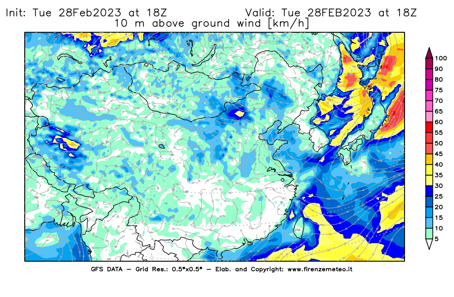 Mappa di analisi GFS - Velocità del vento a 10 metri dal suolo [km/h] in Asia Orientale
							del 28/02/2023 18 <!--googleoff: index-->UTC<!--googleon: index-->