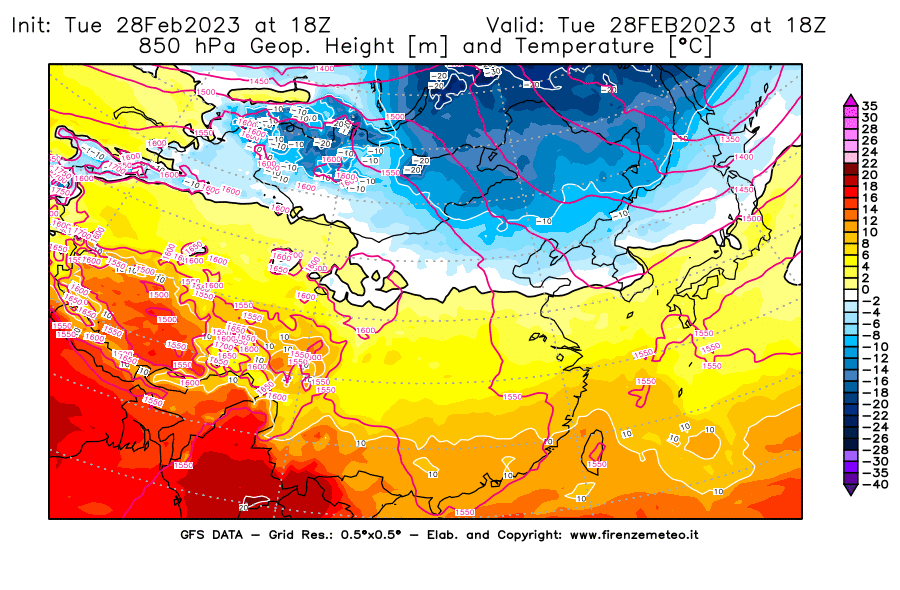 Mappa di analisi GFS - Geopotenziale [m] e Temperatura [°C] a 850 hPa in Asia Orientale
							del 28/02/2023 18 <!--googleoff: index-->UTC<!--googleon: index-->