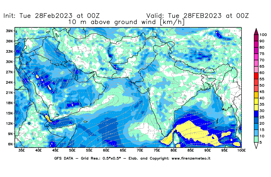 Mappa di analisi GFS - Velocità del vento a 10 metri dal suolo [km/h] in Asia Sud-Occidentale
							del 28/02/2023 00 <!--googleoff: index-->UTC<!--googleon: index-->
