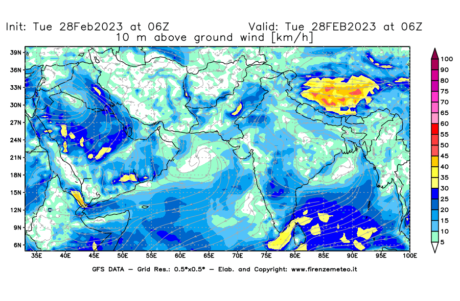 Mappa di analisi GFS - Velocità del vento a 10 metri dal suolo [km/h] in Asia Sud-Occidentale
							del 28/02/2023 06 <!--googleoff: index-->UTC<!--googleon: index-->