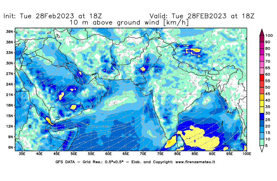Mappa di analisi GFS - Velocità del vento a 10 metri dal suolo [km/h] in Asia Sud-Occidentale
							del 28/02/2023 18 <!--googleoff: index-->UTC<!--googleon: index-->