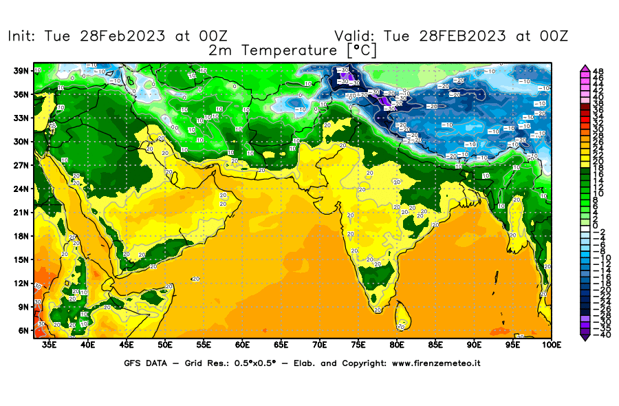 Mappa di analisi GFS - Temperatura a 2 metri dal suolo [°C] in Asia Sud-Occidentale
							del 28/02/2023 00 <!--googleoff: index-->UTC<!--googleon: index-->