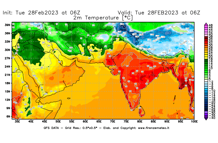 Mappa di analisi GFS - Temperatura a 2 metri dal suolo [°C] in Asia Sud-Occidentale
							del 28/02/2023 06 <!--googleoff: index-->UTC<!--googleon: index-->