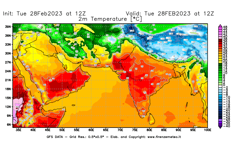 Mappa di analisi GFS - Temperatura a 2 metri dal suolo [°C] in Asia Sud-Occidentale
							del 28/02/2023 12 <!--googleoff: index-->UTC<!--googleon: index-->