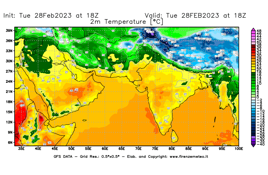 Mappa di analisi GFS - Temperatura a 2 metri dal suolo [°C] in Asia Sud-Occidentale
							del 28/02/2023 18 <!--googleoff: index-->UTC<!--googleon: index-->