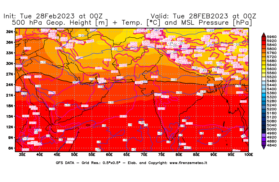 Mappa di analisi GFS - Geopotenziale [m] + Temp. [°C] a 500 hPa + Press. a livello del mare [hPa] in Asia Sud-Occidentale
							del 28/02/2023 00 <!--googleoff: index-->UTC<!--googleon: index-->