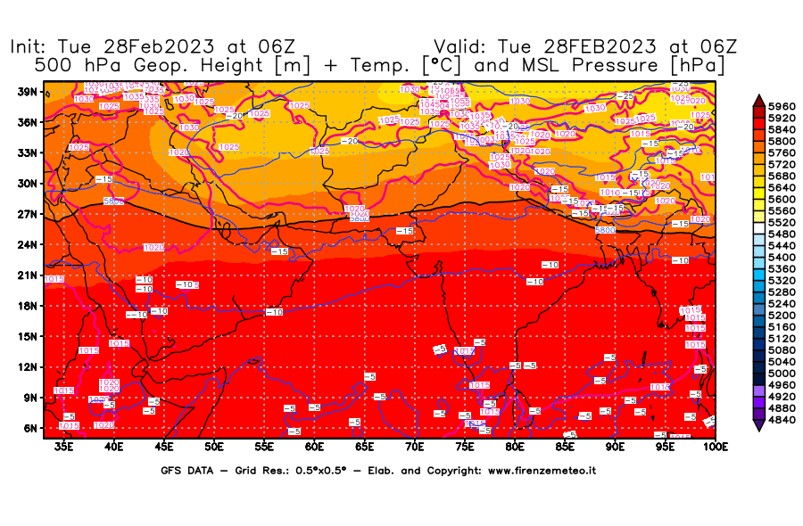 Mappa di analisi GFS - Geopotenziale [m] + Temp. [°C] a 500 hPa + Press. a livello del mare [hPa] in Asia Sud-Occidentale
							del 28/02/2023 06 <!--googleoff: index-->UTC<!--googleon: index-->