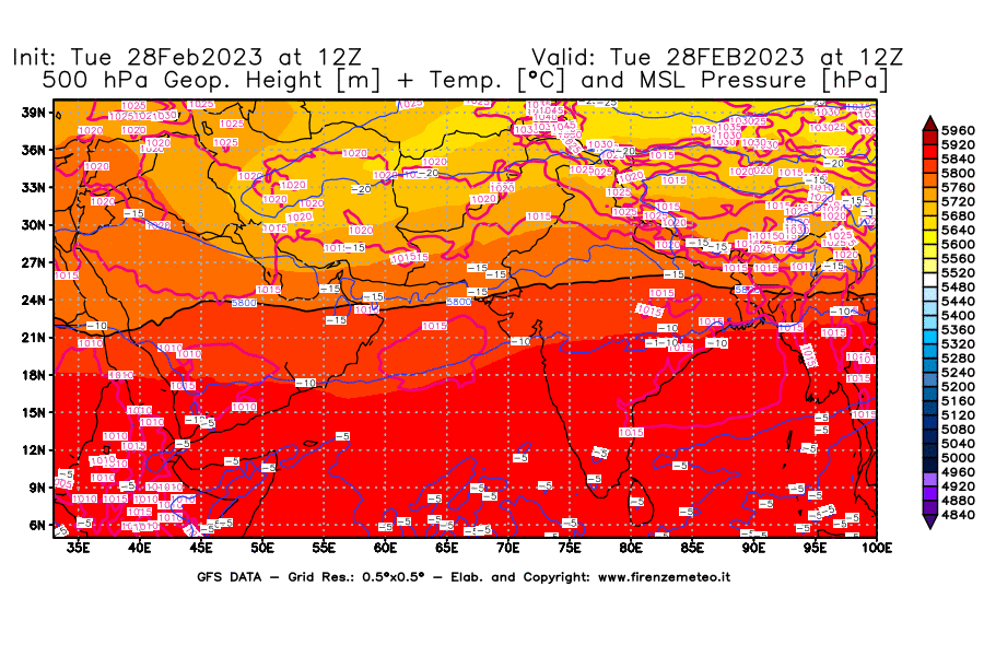 Mappa di analisi GFS - Geopotenziale [m] + Temp. [°C] a 500 hPa + Press. a livello del mare [hPa] in Asia Sud-Occidentale
							del 28/02/2023 12 <!--googleoff: index-->UTC<!--googleon: index-->