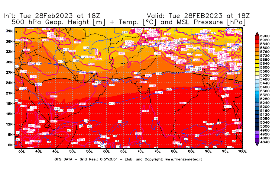 Mappa di analisi GFS - Geopotenziale [m] + Temp. [°C] a 500 hPa + Press. a livello del mare [hPa] in Asia Sud-Occidentale
							del 28/02/2023 18 <!--googleoff: index-->UTC<!--googleon: index-->