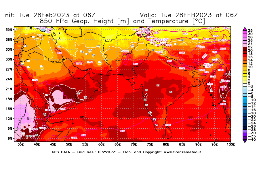 Mappa di analisi GFS - Geopotenziale [m] e Temperatura [°C] a 850 hPa in Asia Sud-Occidentale
							del 28/02/2023 06 <!--googleoff: index-->UTC<!--googleon: index-->