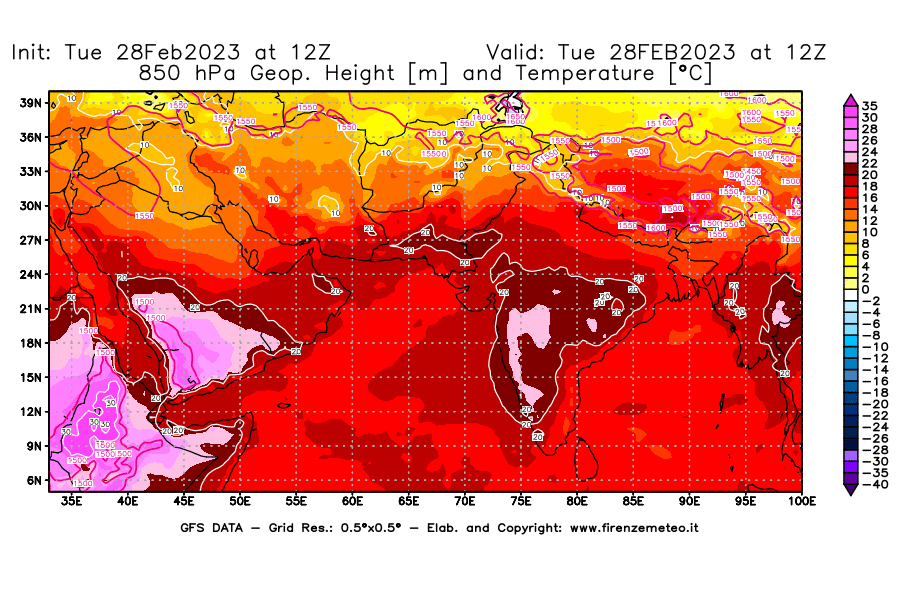 Mappa di analisi GFS - Geopotenziale [m] e Temperatura [°C] a 850 hPa in Asia Sud-Occidentale
							del 28/02/2023 12 <!--googleoff: index-->UTC<!--googleon: index-->
