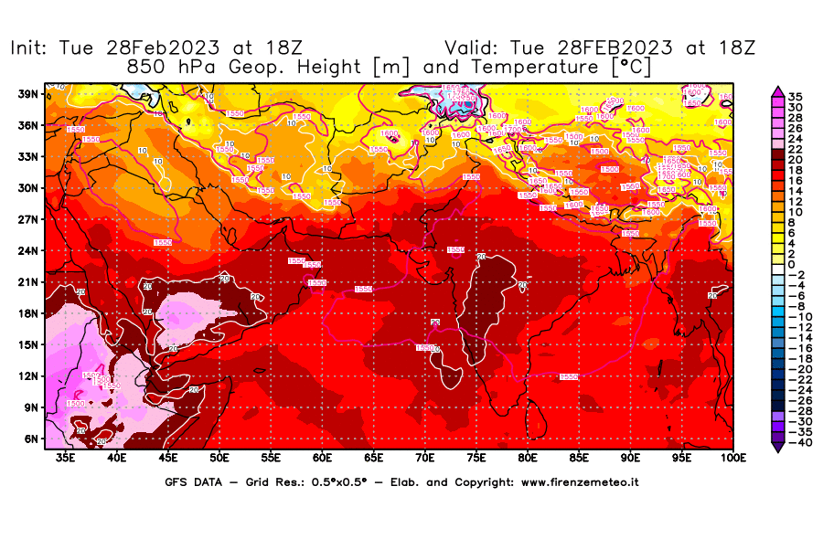 Mappa di analisi GFS - Geopotenziale [m] e Temperatura [°C] a 850 hPa in Asia Sud-Occidentale
							del 28/02/2023 18 <!--googleoff: index-->UTC<!--googleon: index-->