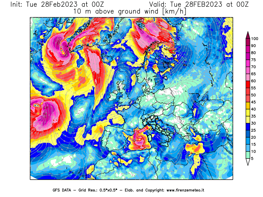 Mappa di analisi GFS - Velocità del vento a 10 metri dal suolo [km/h] in Europa
							del 28/02/2023 00 <!--googleoff: index-->UTC<!--googleon: index-->
