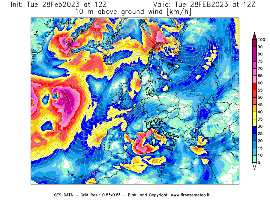 Mappa di analisi GFS - Velocità del vento a 10 metri dal suolo [km/h] in Europa
							del 28/02/2023 12 <!--googleoff: index-->UTC<!--googleon: index-->