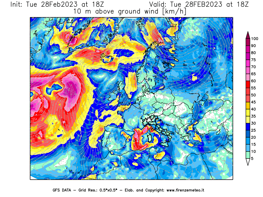 Mappa di analisi GFS - Velocità del vento a 10 metri dal suolo [km/h] in Europa
							del 28/02/2023 18 <!--googleoff: index-->UTC<!--googleon: index-->