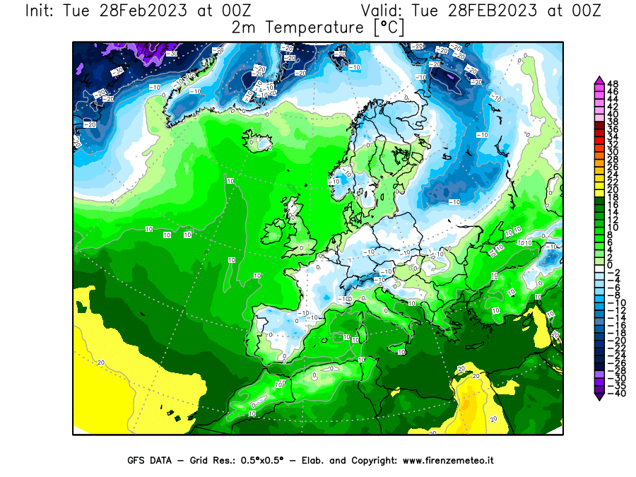 Mappa di analisi GFS - Temperatura a 2 metri dal suolo [°C] in Europa
							del 28/02/2023 00 <!--googleoff: index-->UTC<!--googleon: index-->