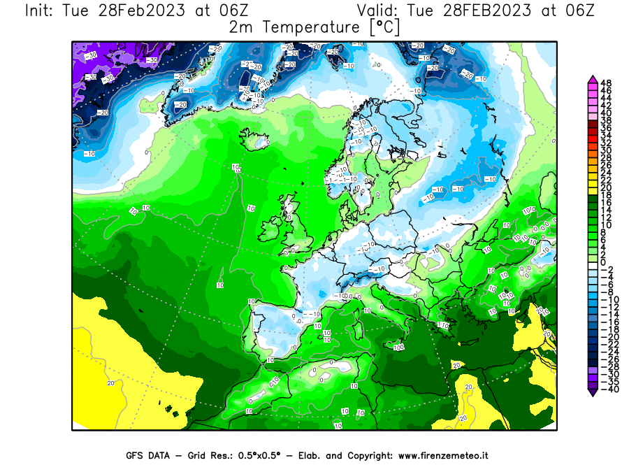 Mappa di analisi GFS - Temperatura a 2 metri dal suolo [°C] in Europa
							del 28/02/2023 06 <!--googleoff: index-->UTC<!--googleon: index-->