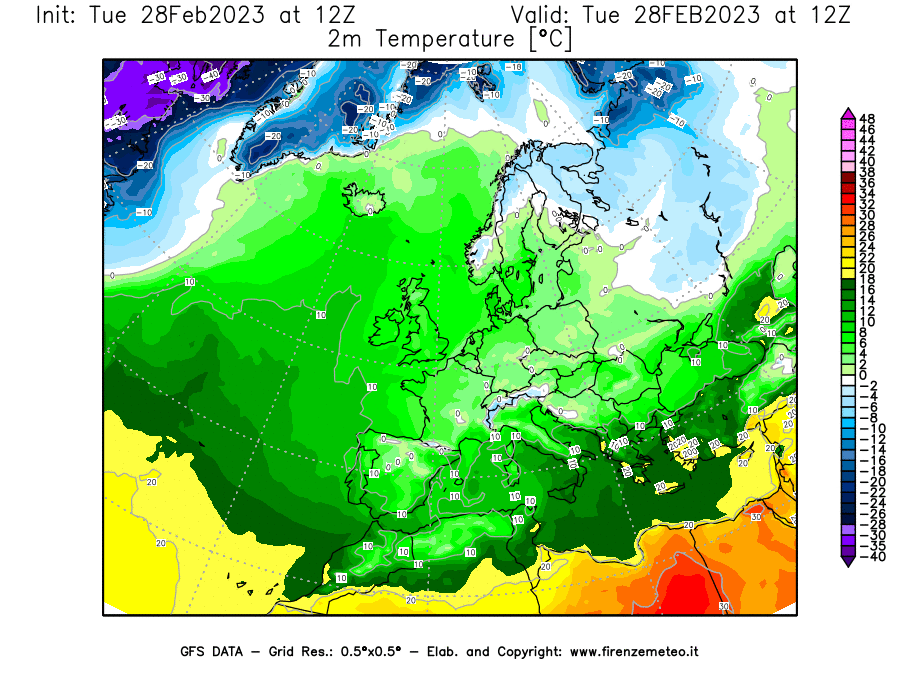 Mappa di analisi GFS - Temperatura a 2 metri dal suolo [°C] in Europa
							del 28/02/2023 12 <!--googleoff: index-->UTC<!--googleon: index-->
