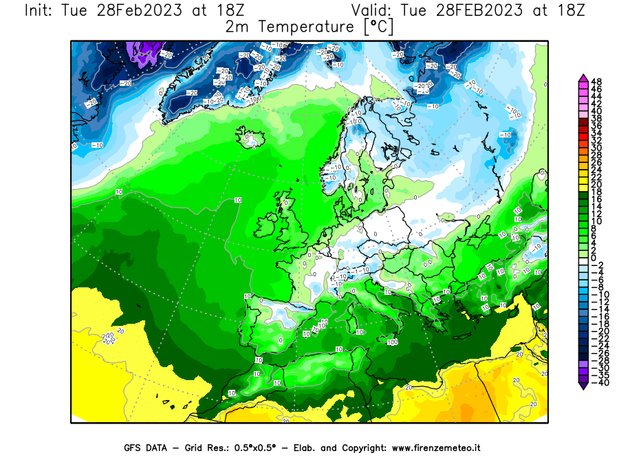 Mappa di analisi GFS - Temperatura a 2 metri dal suolo [°C] in Europa
							del 28/02/2023 18 <!--googleoff: index-->UTC<!--googleon: index-->