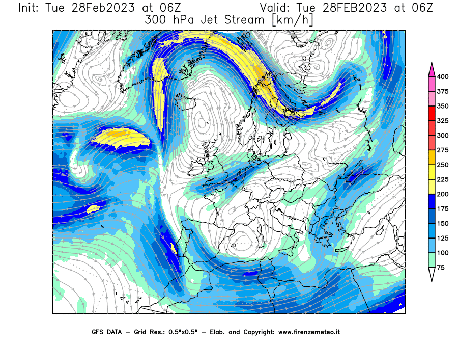 Mappa di analisi GFS - Jet Stream a 300 hPa in Europa
							del 28/02/2023 06 <!--googleoff: index-->UTC<!--googleon: index-->