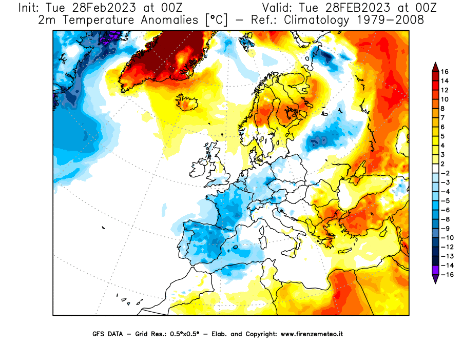 Mappa di analisi GFS - Anomalia Temperatura [°C] a 2 m in Europa
							del 28/02/2023 00 <!--googleoff: index-->UTC<!--googleon: index-->