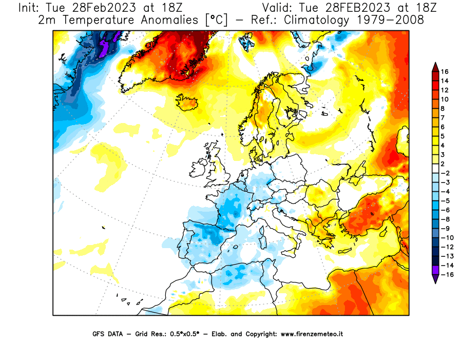 Mappa di analisi GFS - Anomalia Temperatura [°C] a 2 m in Europa
							del 28/02/2023 18 <!--googleoff: index-->UTC<!--googleon: index-->