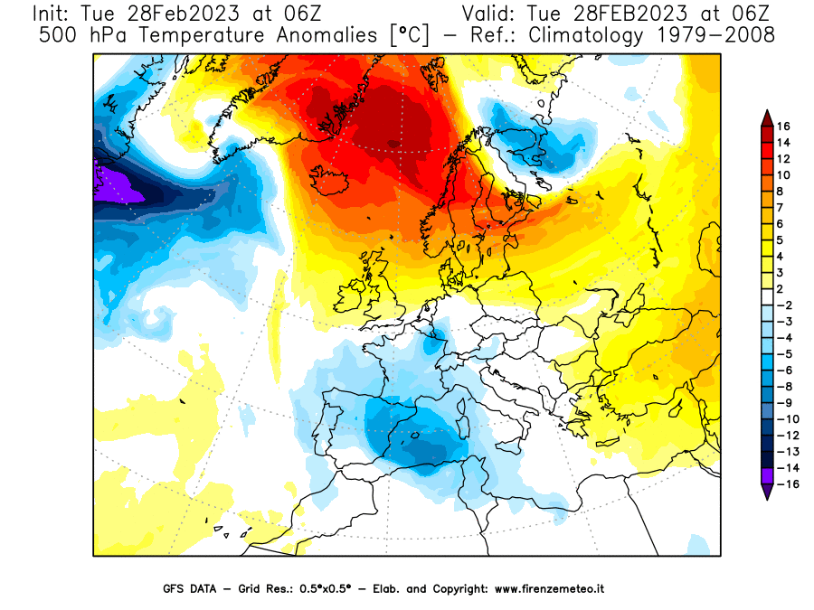 Mappa di analisi GFS - Anomalia Temperatura [°C] a 500 hPa in Europa
							del 28/02/2023 06 <!--googleoff: index-->UTC<!--googleon: index-->