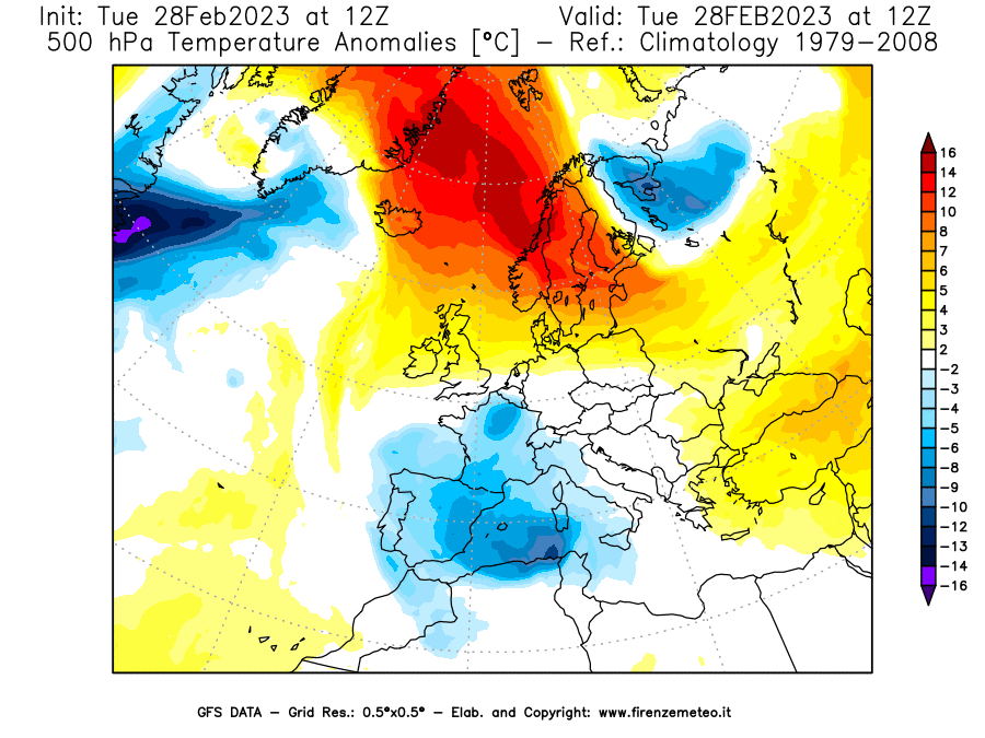 Mappa di analisi GFS - Anomalia Temperatura [°C] a 500 hPa in Europa
							del 28/02/2023 12 <!--googleoff: index-->UTC<!--googleon: index-->