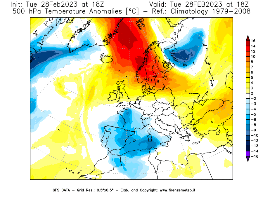 Mappa di analisi GFS - Anomalia Temperatura [°C] a 500 hPa in Europa
							del 28/02/2023 18 <!--googleoff: index-->UTC<!--googleon: index-->