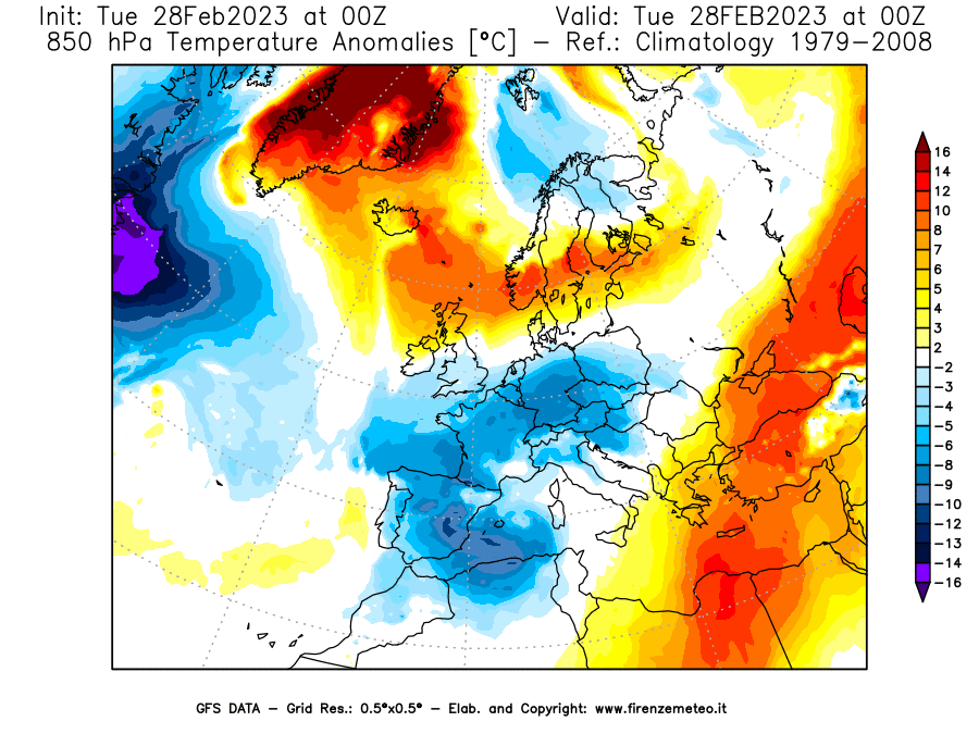 Mappa di analisi GFS - Anomalia Temperatura [°C] a 850 hPa in Europa
							del 28/02/2023 00 <!--googleoff: index-->UTC<!--googleon: index-->