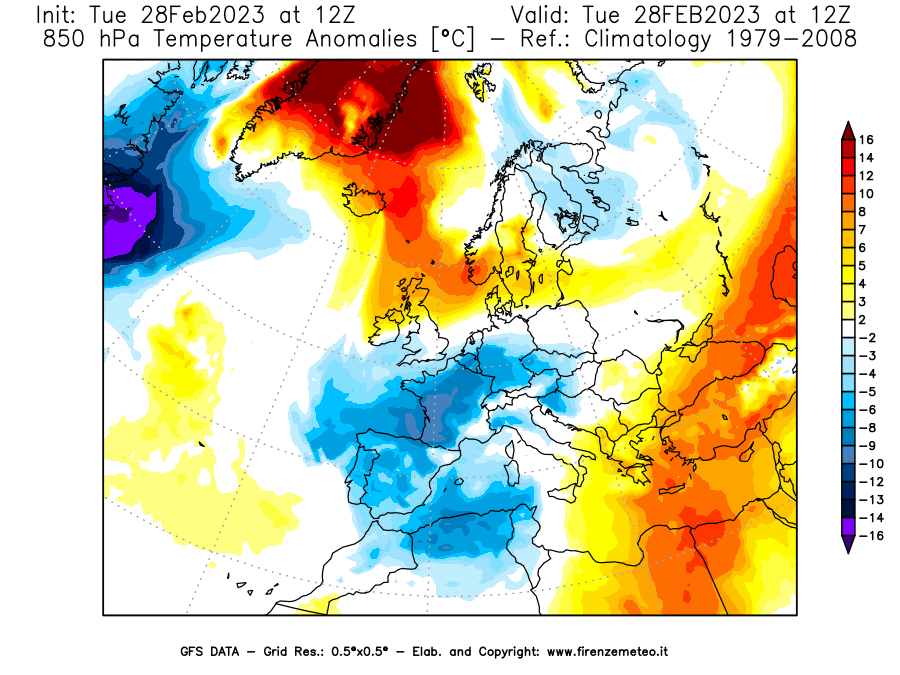 Mappa di analisi GFS - Anomalia Temperatura [°C] a 850 hPa in Europa
							del 28/02/2023 12 <!--googleoff: index-->UTC<!--googleon: index-->