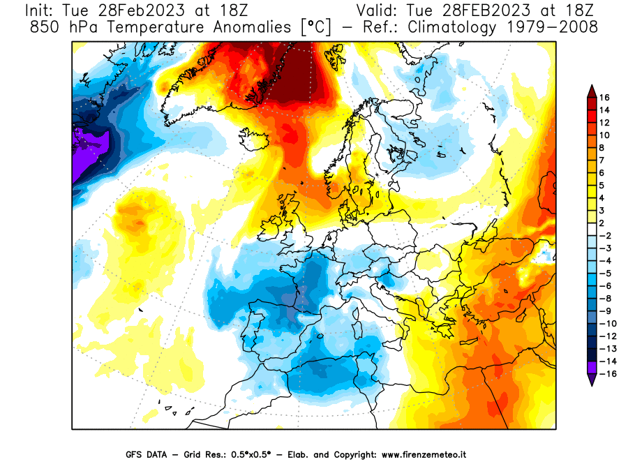 Mappa di analisi GFS - Anomalia Temperatura [°C] a 850 hPa in Europa
							del 28/02/2023 18 <!--googleoff: index-->UTC<!--googleon: index-->