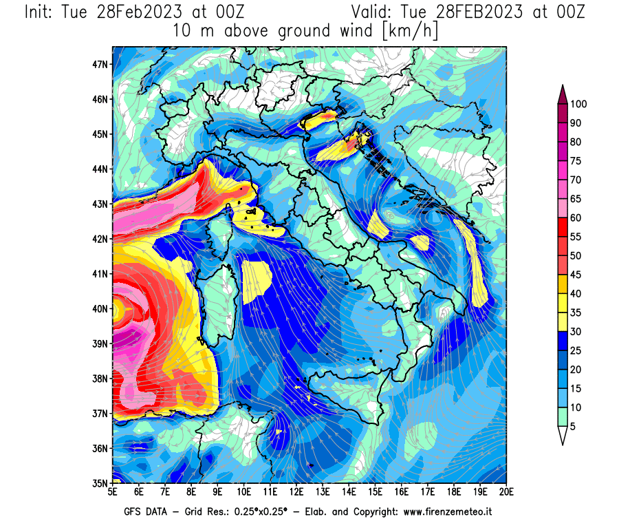 Mappa di analisi GFS - Velocità del vento a 10 metri dal suolo [km/h] in Italia
							del 28/02/2023 00 <!--googleoff: index-->UTC<!--googleon: index-->