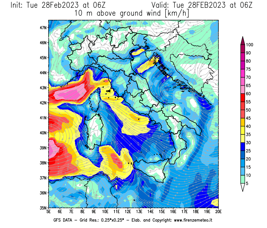Mappa di analisi GFS - Velocità del vento a 10 metri dal suolo [km/h] in Italia
							del 28/02/2023 06 <!--googleoff: index-->UTC<!--googleon: index-->