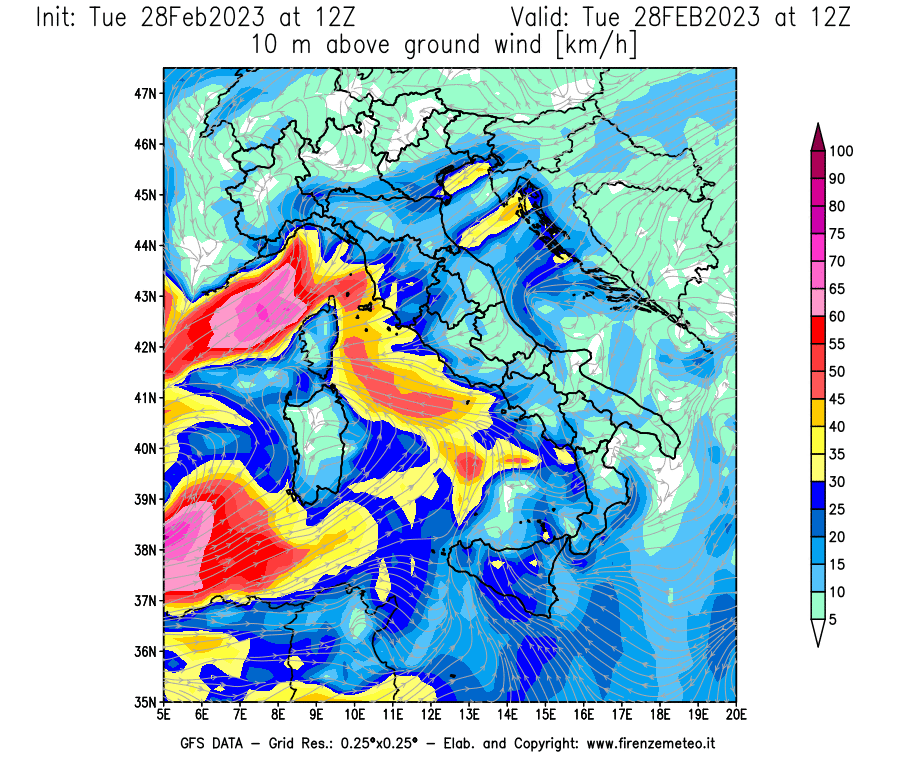 Mappa di analisi GFS - Velocità del vento a 10 metri dal suolo [km/h] in Italia
							del 28/02/2023 12 <!--googleoff: index-->UTC<!--googleon: index-->