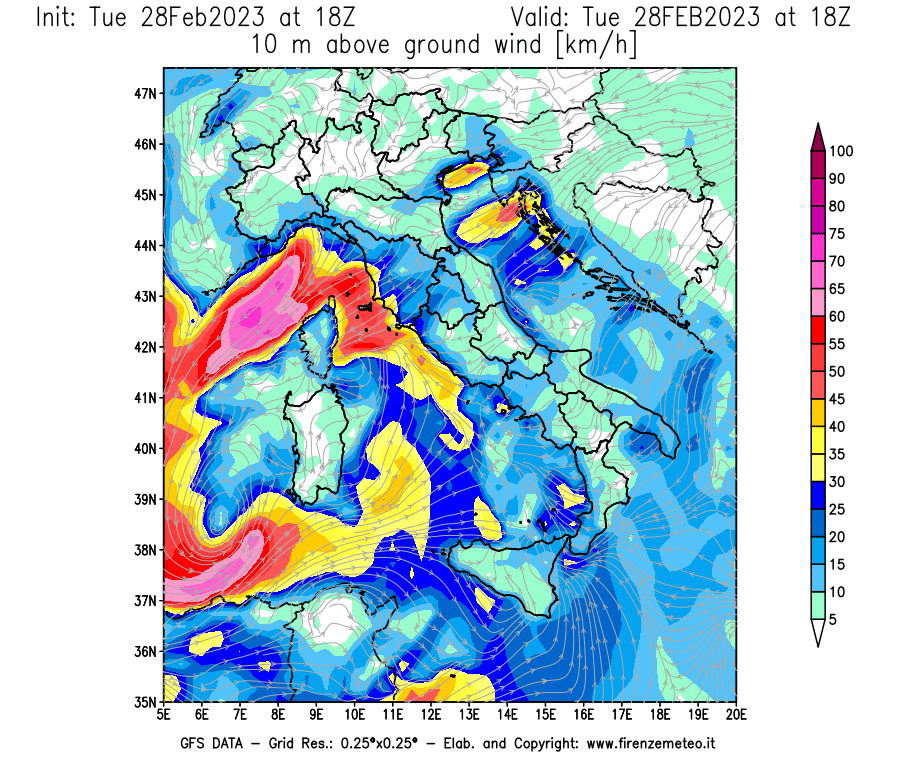 Mappa di analisi GFS - Velocità del vento a 10 metri dal suolo [km/h] in Italia
							del 28/02/2023 18 <!--googleoff: index-->UTC<!--googleon: index-->