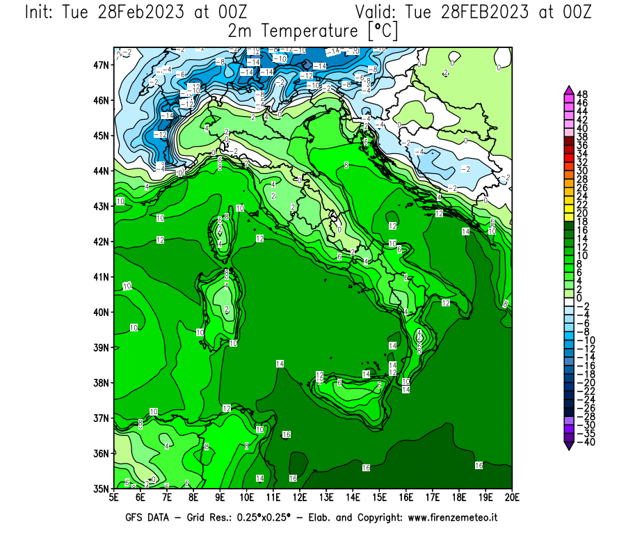 Mappa di analisi GFS - Temperatura a 2 metri dal suolo [°C] in Italia
							del 28/02/2023 00 <!--googleoff: index-->UTC<!--googleon: index-->