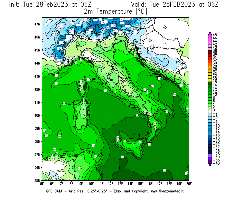Mappa di analisi GFS - Temperatura a 2 metri dal suolo [°C] in Italia
							del 28/02/2023 06 <!--googleoff: index-->UTC<!--googleon: index-->