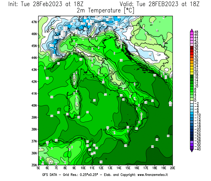 Mappa di analisi GFS - Temperatura a 2 metri dal suolo [°C] in Italia
							del 28/02/2023 18 <!--googleoff: index-->UTC<!--googleon: index-->