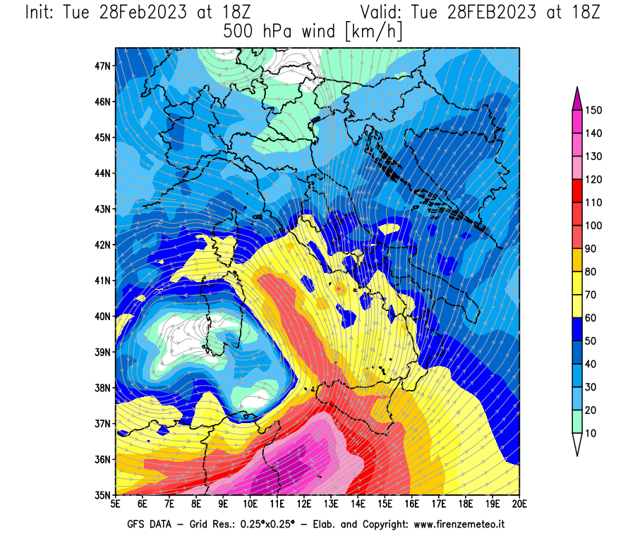Mappa di analisi GFS - Velocità del vento a 500 hPa [km/h] in Italia
							del 28/02/2023 18 <!--googleoff: index-->UTC<!--googleon: index-->