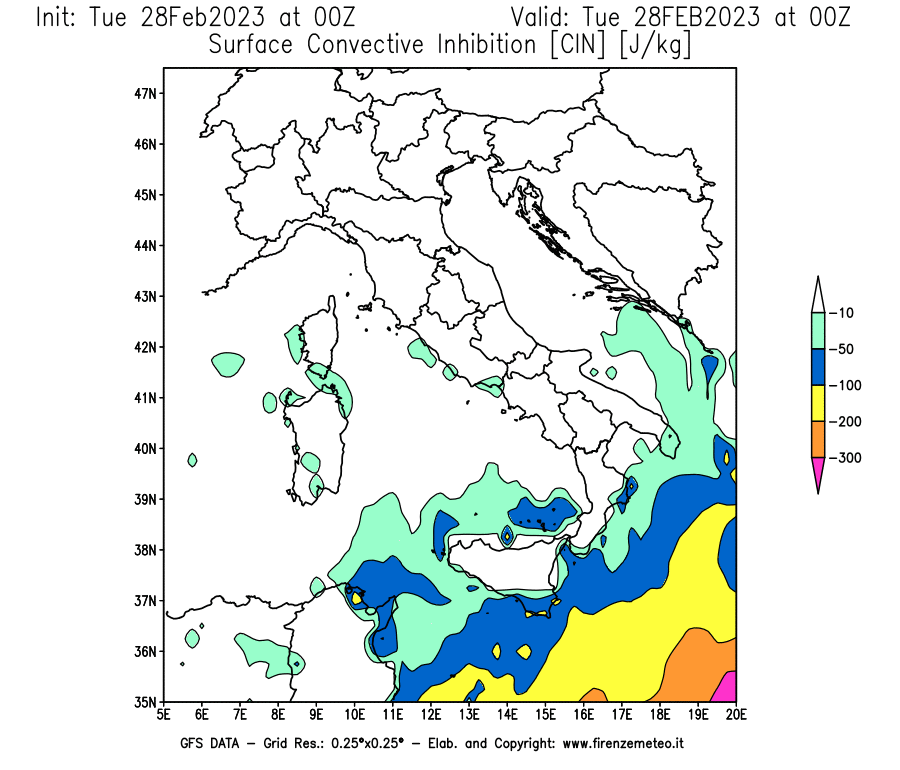 Mappa di analisi GFS - CIN [J/kg] in Italia
							del 28/02/2023 00 <!--googleoff: index-->UTC<!--googleon: index-->